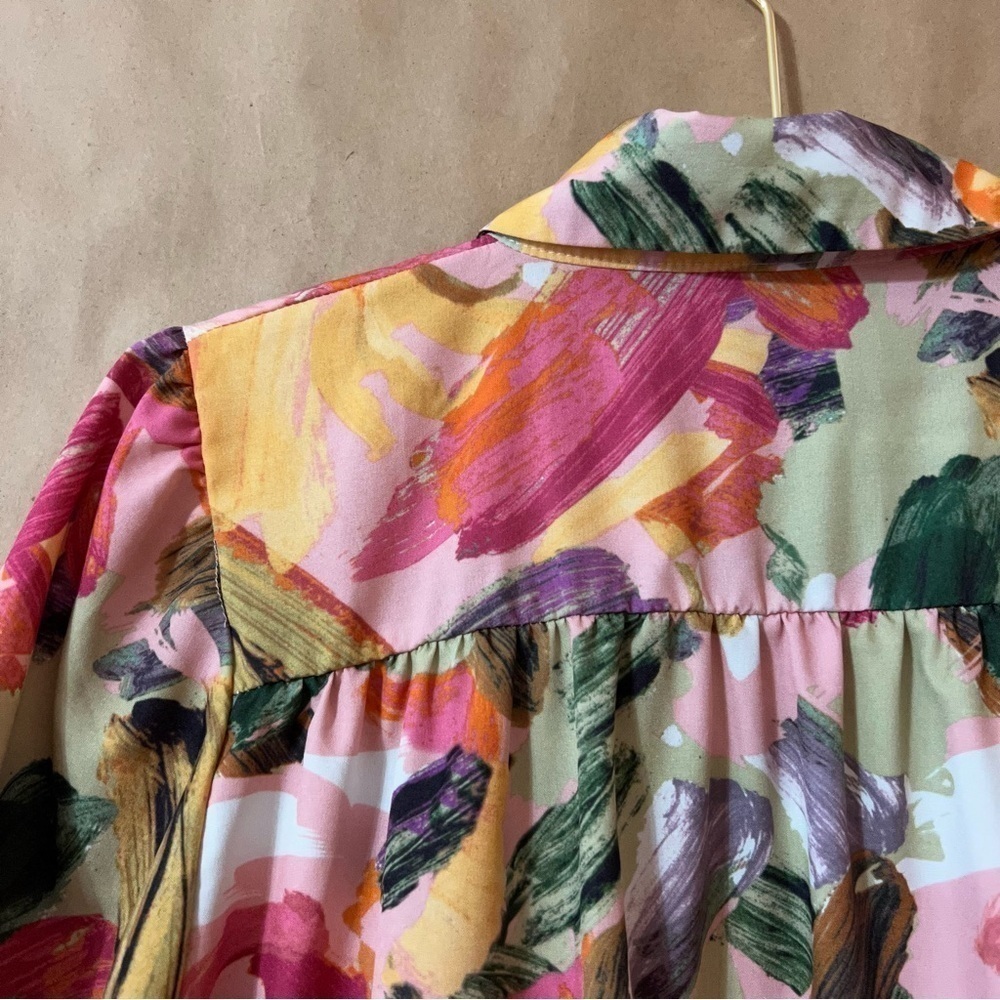 Abstract Watercolor Print Button Front Tiered Popover Mini Shirt Dress Size XS - Picture 11 of 13